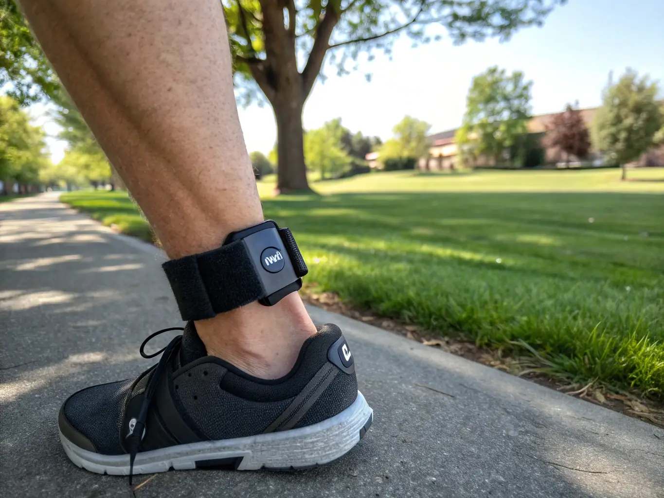 A close-up of a GPS ankle monitor on a person's leg, with a background of a community park. The person is walking confidently, symbolizing freedom within the program's structure.