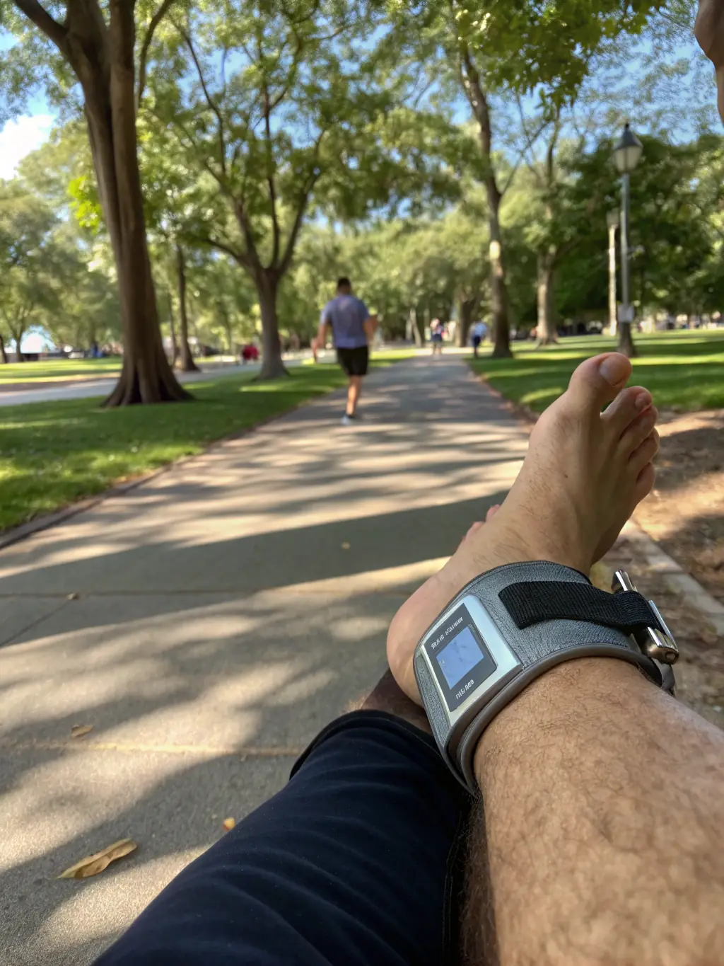 A close-up of a GPS ankle monitor on a person's leg, with a background of a community park, representing GPS Ankle Monitoring services.