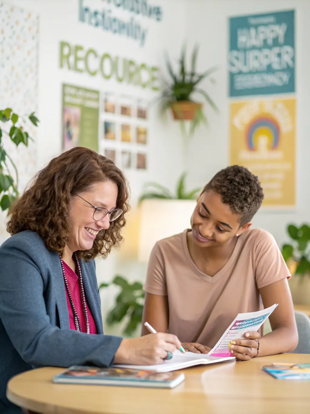An image of a counselor working with a participant, reviewing a personalized case plan in a professional office setting, symbolizing the Structured Court Compliance Program.