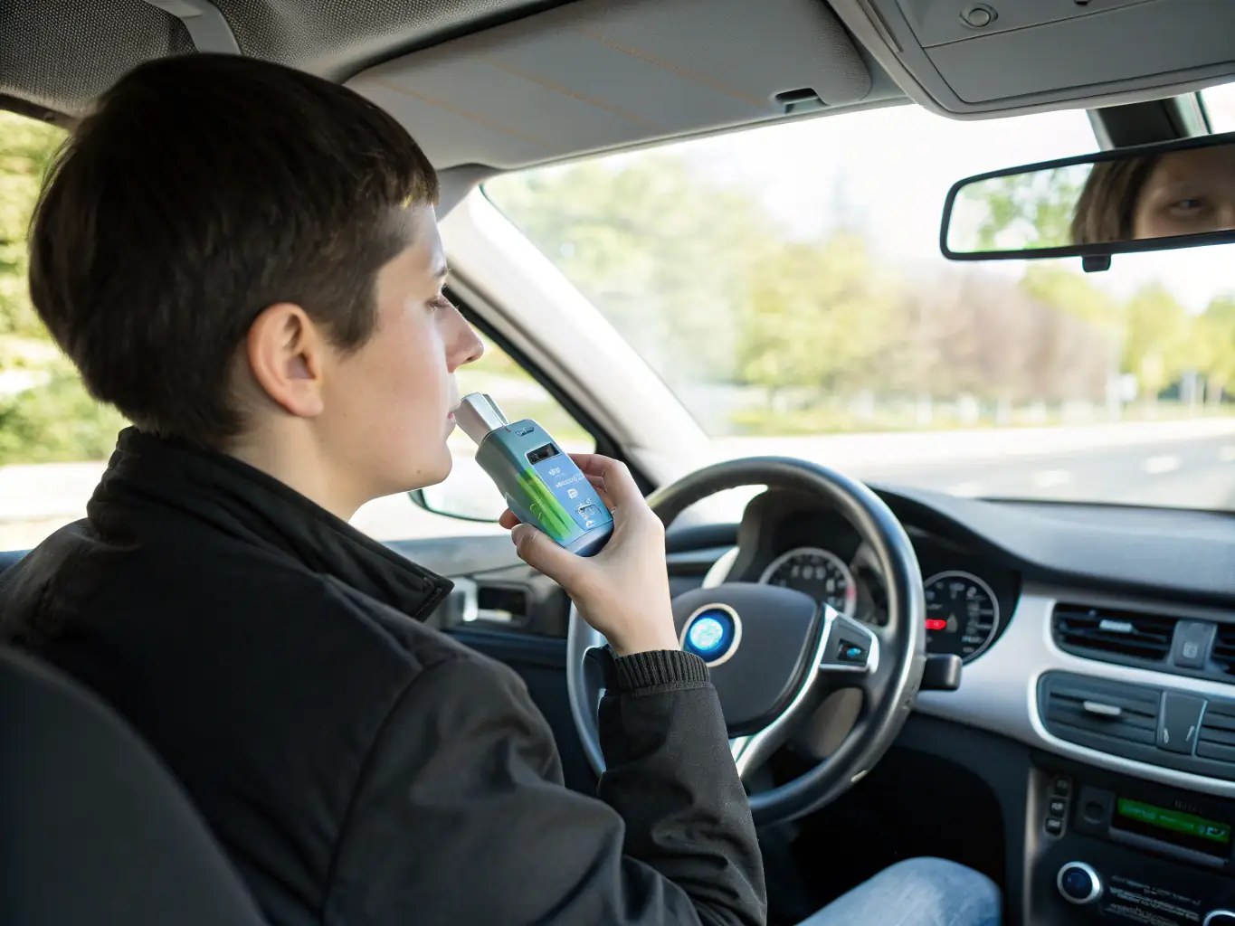 An image of a vehicle ignition interlock device installed in a car dashboard. The device is modern and sleek, emphasizing its ease of use and reliability.